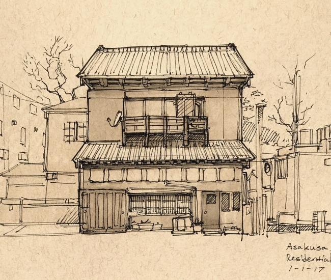 Sketch of a random house in a residential neighborhood of Asakusa.